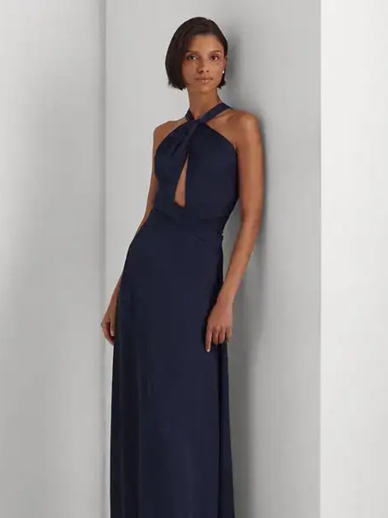 Nwt New $265 Ralph Lauren Blue Satin Halter Gown Dress Size 12